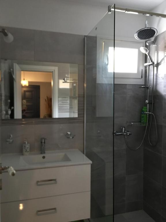 a bathroom with a sink and a glass shower at La casa di Elen in Plati