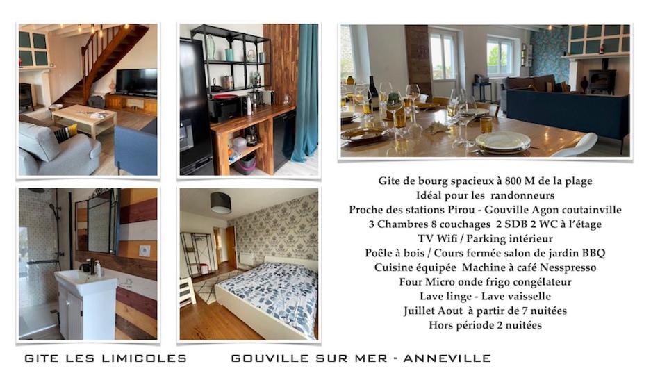 eine Collage mit vier Bildern eines Zimmers in der Unterkunft Les Limicoles maison proche mer in Gouville-sur-Mer