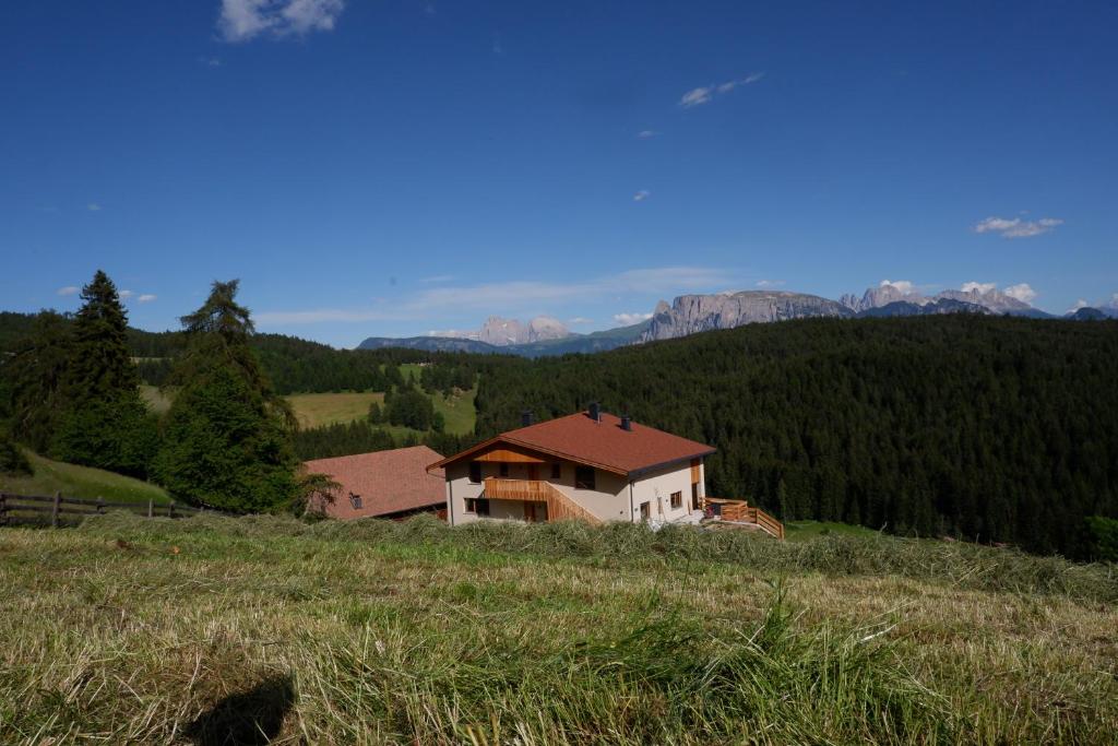 a house on a hill with mountains in the background at Wolfhof_Ritten in Auna di Sopra