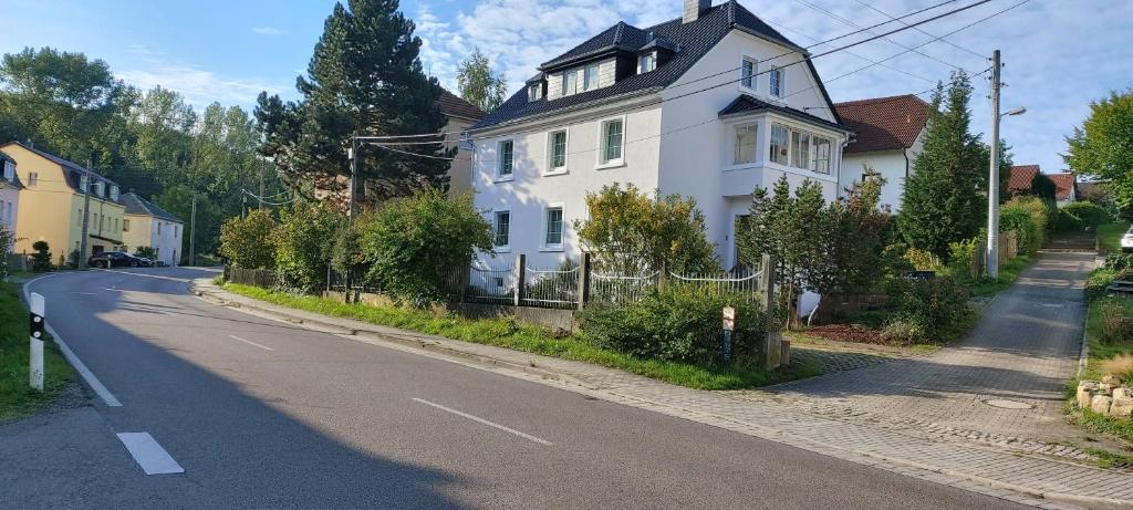 a white house on the side of a road at Apartments mit 2 Schlafzimmern in Dresden