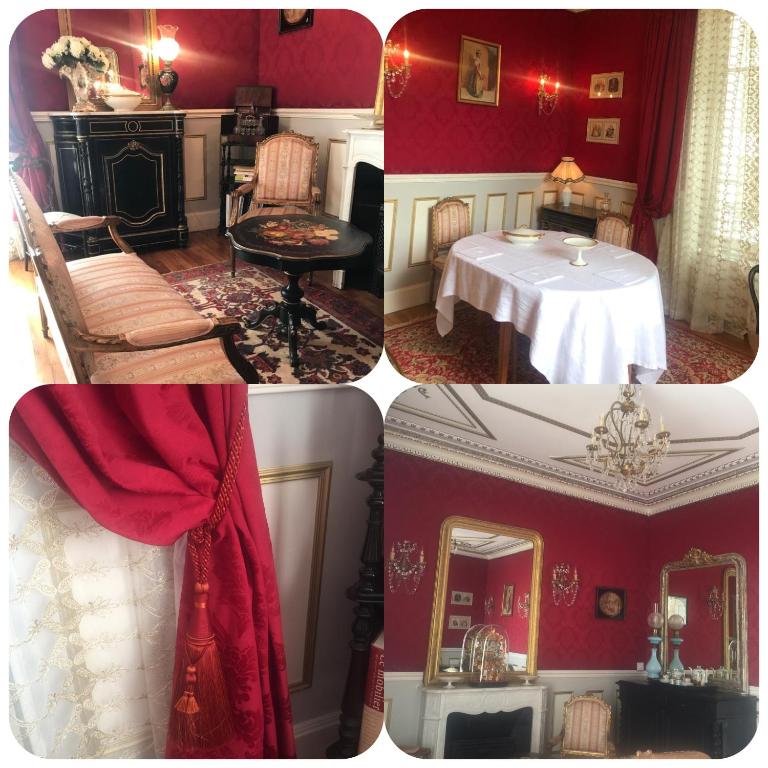 a collage of four pictures of a room with red walls at VICHY LUXE NAPOLEON III in Vichy