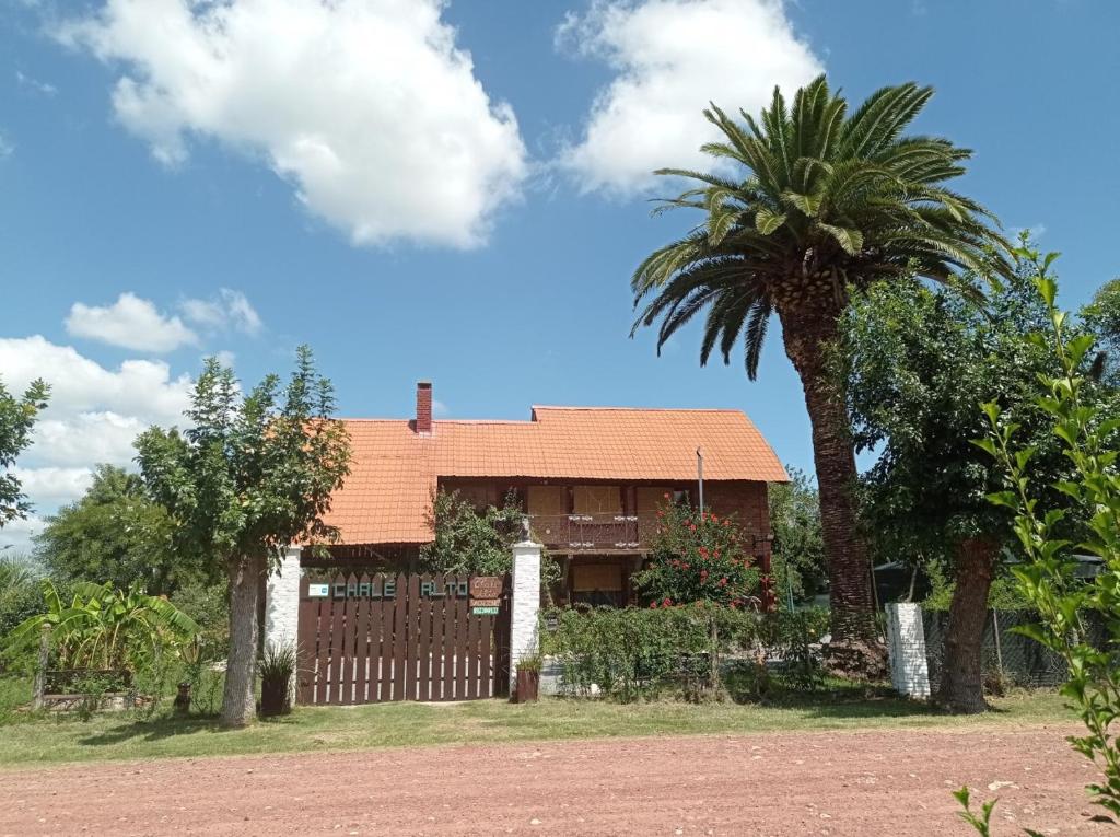 a house with a palm tree and a fence at Chalé Alto in Soriano