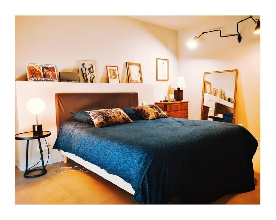 1 dormitorio con 1 cama grande con manta azul en Villa de charme à Ajaccio en Ajaccio