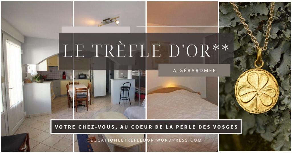 un collage de fotos de un dormitorio y una cocina en Le Trèfle d'Or en Gérardmer