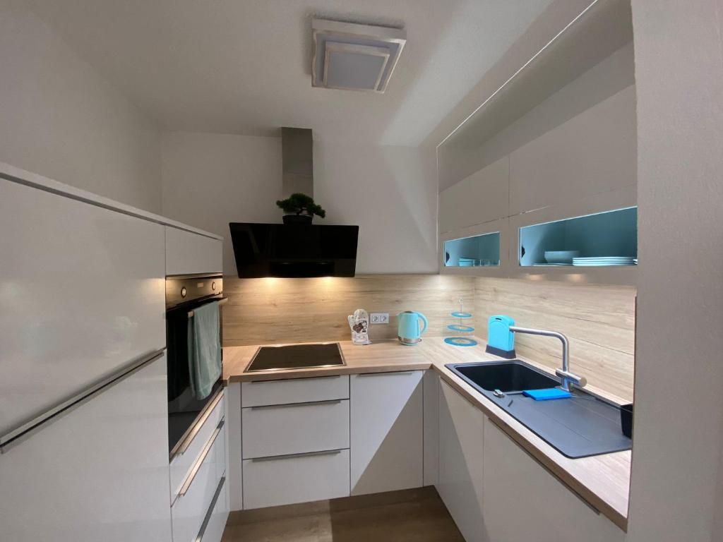 una cucina con lavandino e piano di lavoro di Apartement König a Lauf