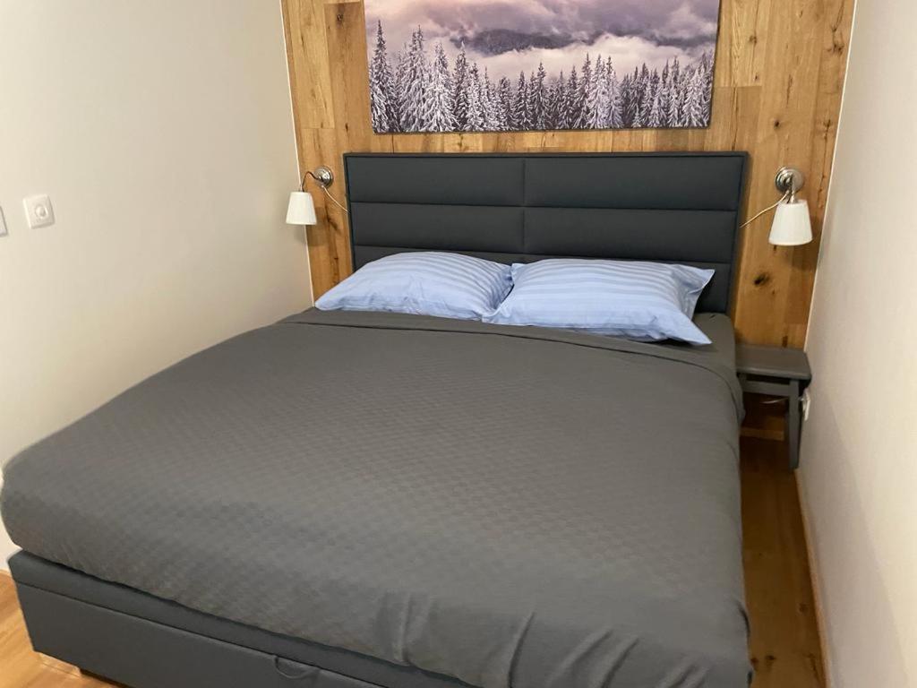 een bed in een slaapkamer met een foto aan de muur bij Luxury apartment Trio Harrachov A.2 in Harrachov