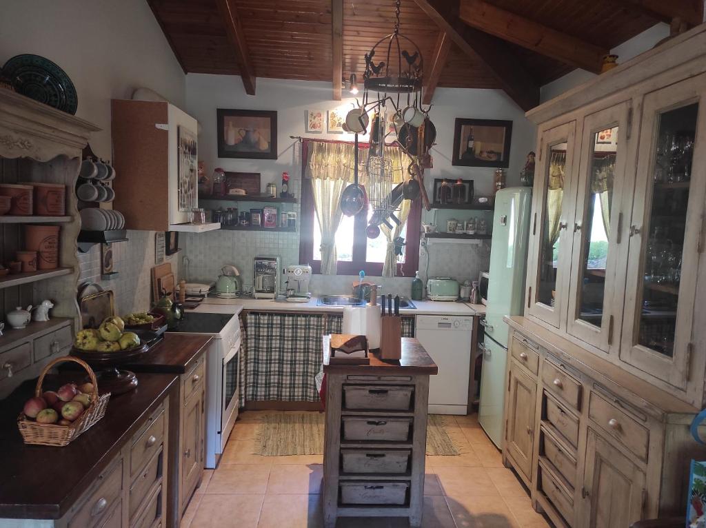 een keuken met een wastafel en een koelkast bij Irene's Cottage House in Kértezi