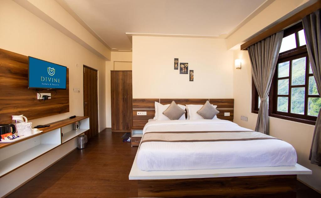 a bedroom with a large bed and a tv at Divine's The Elite Zong in Lachung