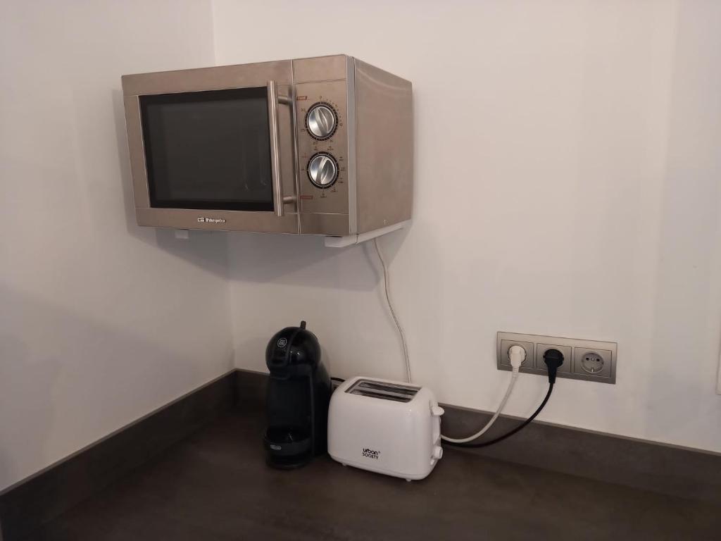 un forno a microonde, un tostapane e una TV a parete di L'Hortet del iaio a Camarles
