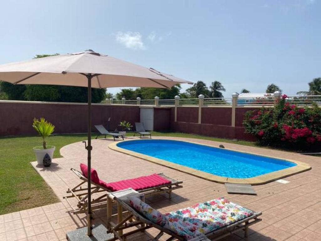 a swimming pool with two lounge chairs and an umbrella at Appartement cosy & calme en Rez de villa in Saint-François