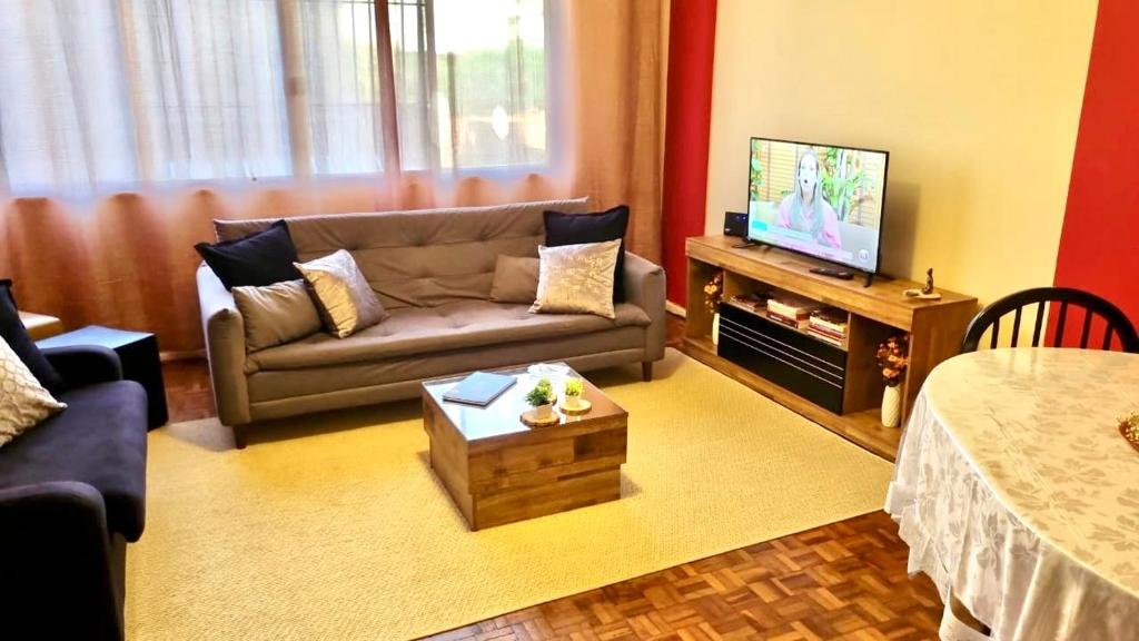 een woonkamer met een bank en een tv bij Amplo e confortável. Ar condic, WiFi, TV. Metrô. Tijuca. in Rio de Janeiro