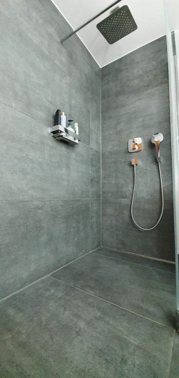 a bathroom with a shower with a hose at MOREHOME-Apartments in Mindelheim