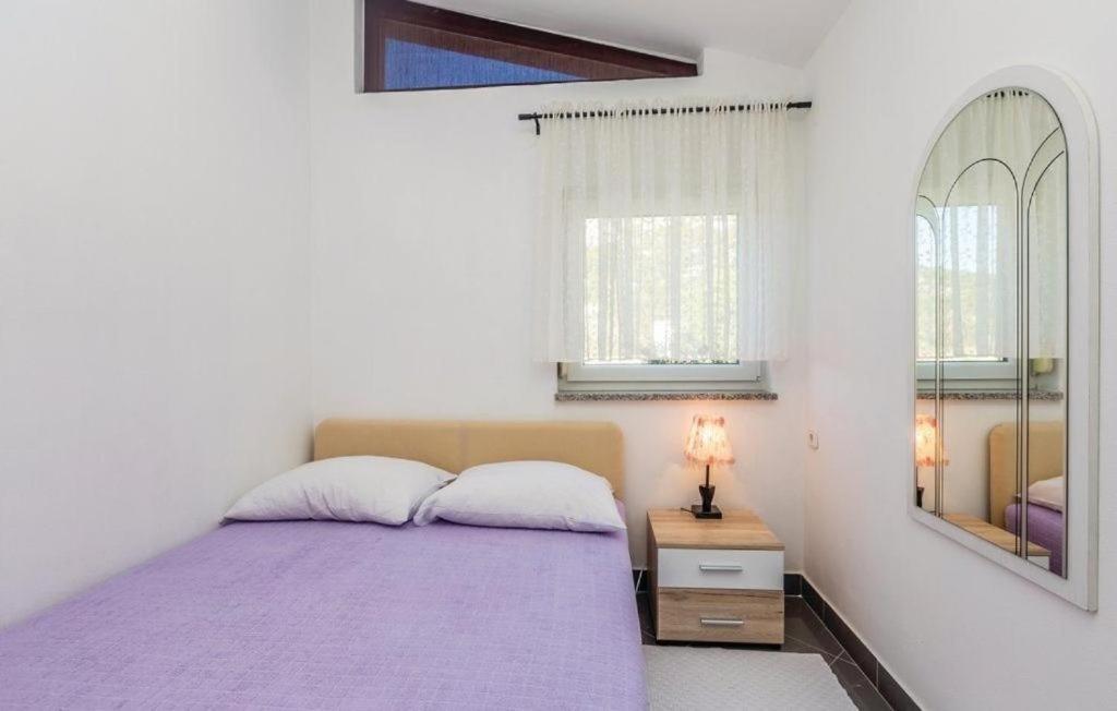 - une chambre avec un lit violet et un miroir dans l'établissement Apartmani Ivanković, à Karlobag