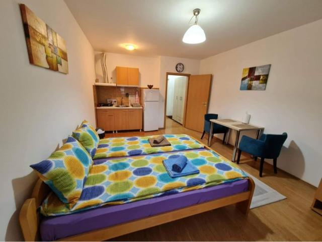 a bedroom with a bed and a kitchen with a table at Apartman Tale in Banja Koviljača