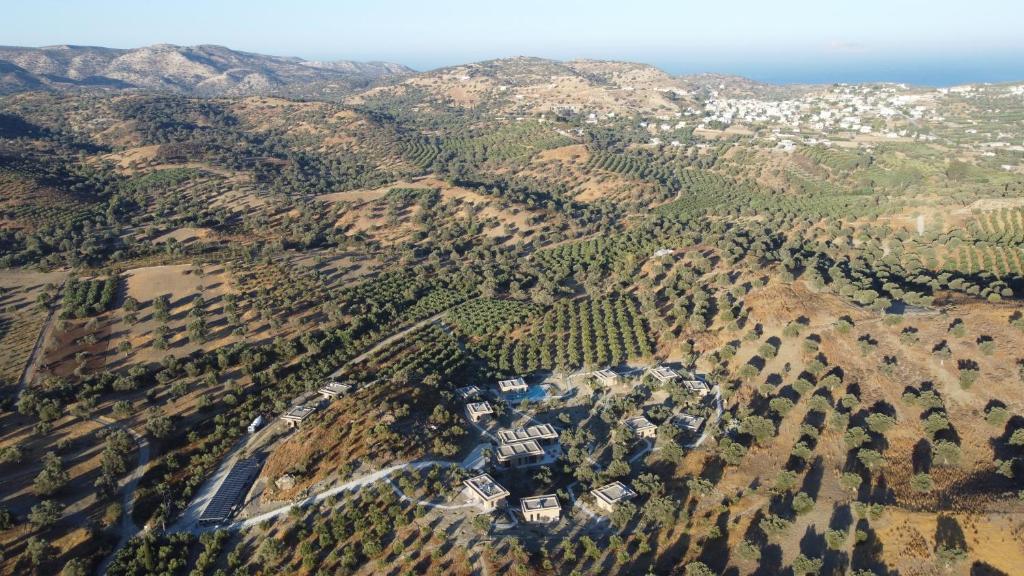 an aerial view of a mountain with trees and houses at O Mikros Kosmos Hotel Resort - Adults Only in Sívas