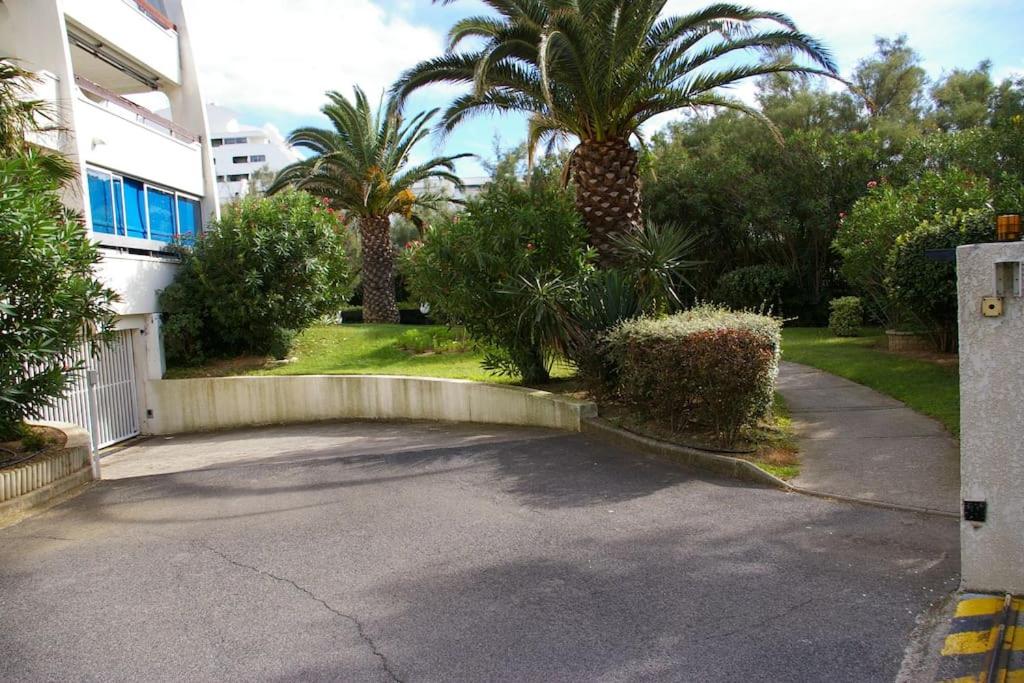 a driveway with palm trees and a building at Résidence arc en ciel, proche de la plage accés direct ,internet et parking privatif gratuit in La Grande Motte