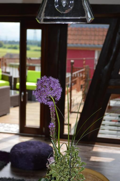 a purple flower in a vase on a table at Ferienwohnungen Treiber in Eggenstein-Leopoldshafen - Nähe KIT Campus Nord und Karlsruhe in Eggenstein-Leopoldshafen