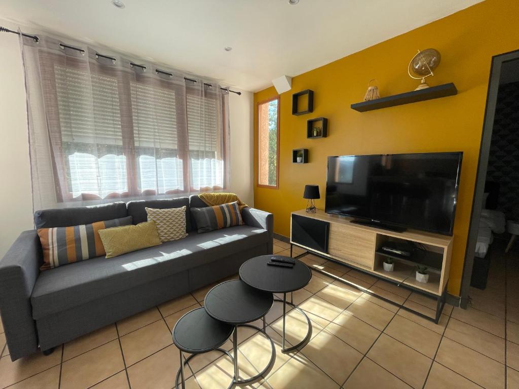 a living room with a couch and a flat screen tv at EXPLORE THE WORLD 3 in Perpignan