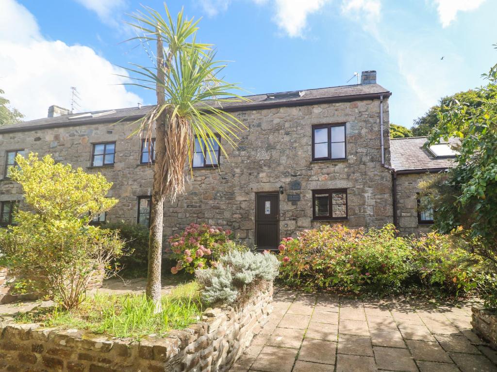 an old stone house with a palm tree in front of it at Barn Cottage in Penzance
