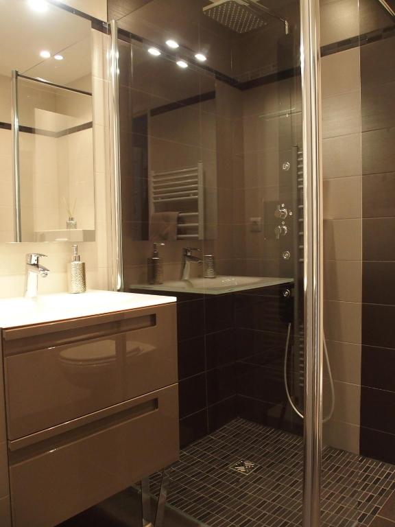 ein Bad mit einer Dusche, einem Waschbecken und einem Spiegel in der Unterkunft Bed and Breakfast Le patio in Montigny-lès-Metz