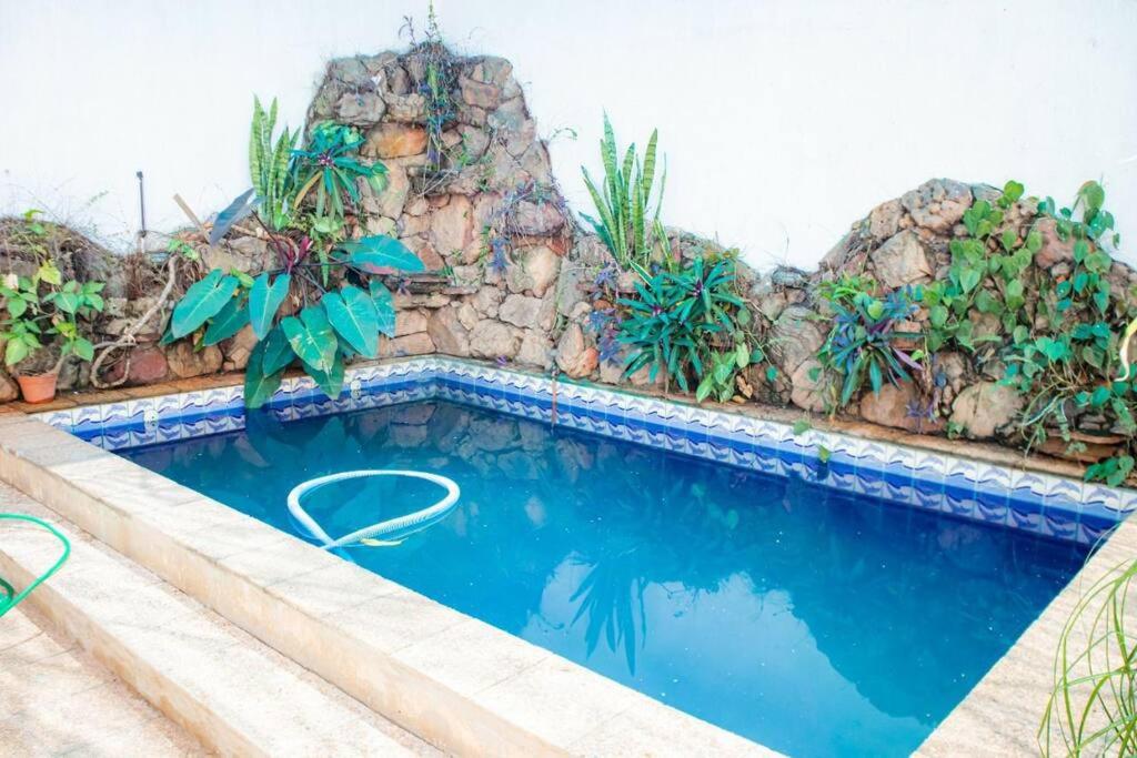 una piscina frente a una pared de piedra en Hermoso Depto con Piscina en Calle Palma Asunción, en Asunción