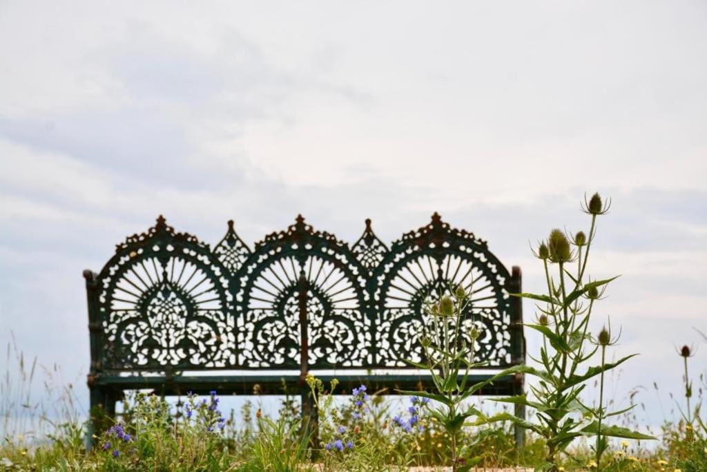 a black bench sitting in a field of flowers at A unique, off-grid Eco Friendly Beach House. in Wolferton