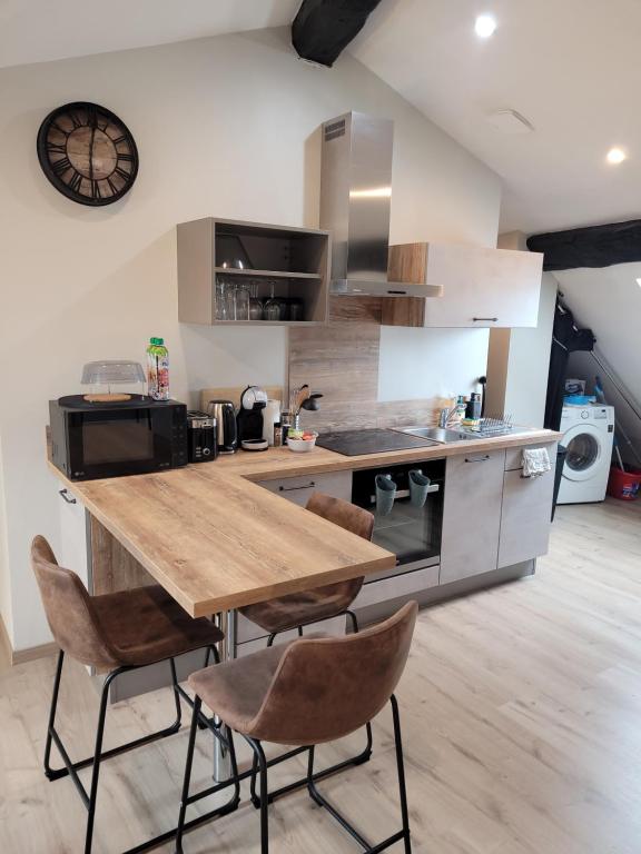 a large kitchen with a wooden table and chairs at Studio au centre-ville in Saint-Jean-de-Losne