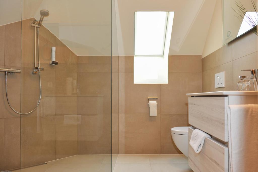 a bathroom with a shower and a toilet at Hotel Restaurant JUWEL in Gaflenz