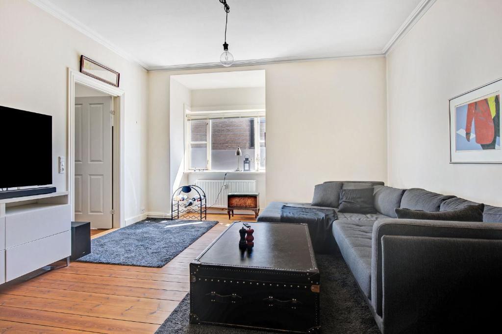 salon z kanapą i telewizorem w obiekcie ApartmentInCopenhagen Apartment 602 w Kopenhadze