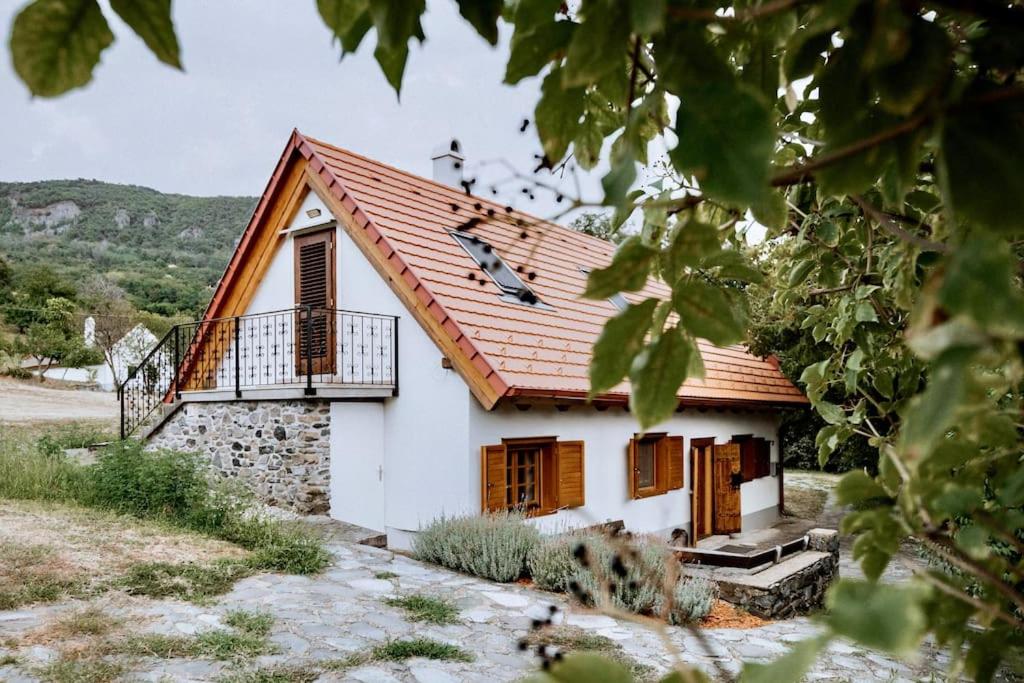 mały biały dom z czerwonym dachem w obiekcie Bazaltorgona 37 w mieście Badacsonytördemic