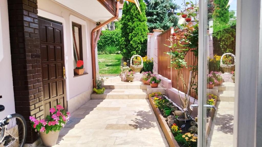 a garden path with flowers and a door at Csobogó Vendégház in Eger