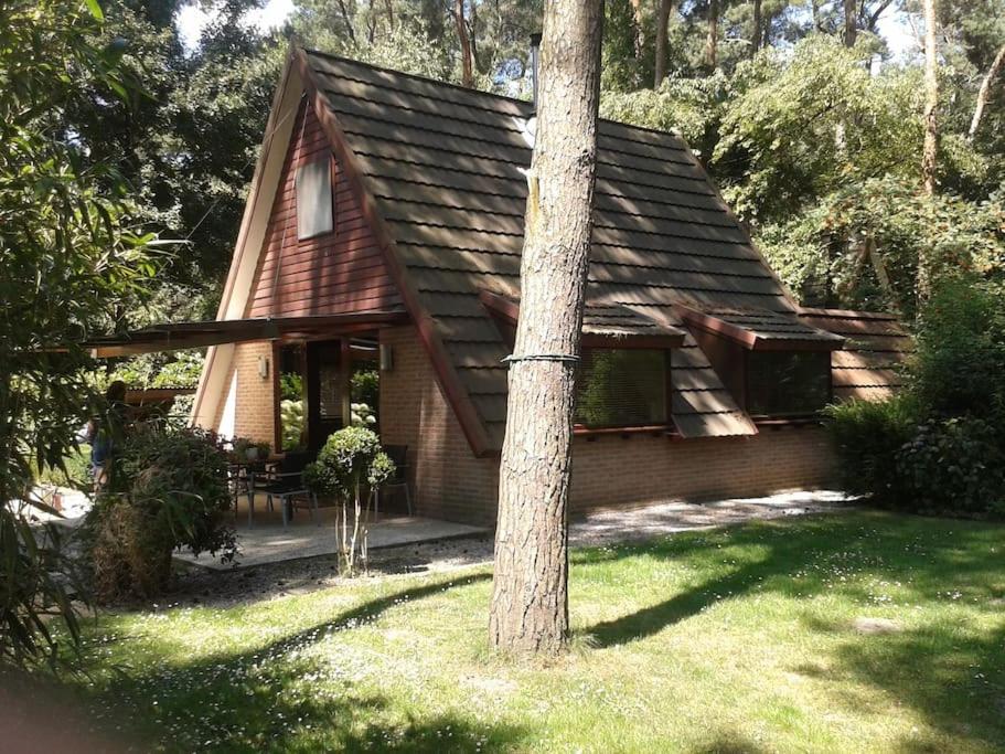 una piccola casa con un albero di fronte di Chalet met wellness a Lanaken
