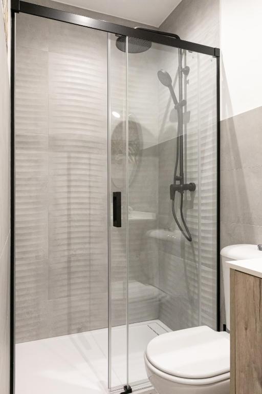 W łazience znajduje się przeszklona kabina prysznicowa oraz toaleta. w obiekcie San Lorenzo Collection Homes - Space Maison Apartments w Sewilli