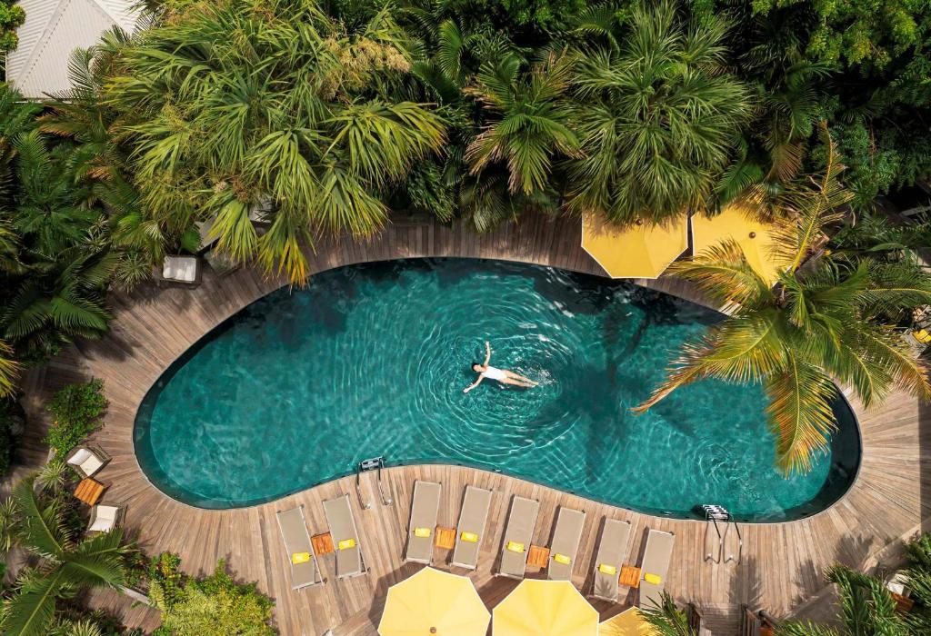 an overhead view of a swimming pool with a person in the water at GYP SEA Saint Barth in Gustavia