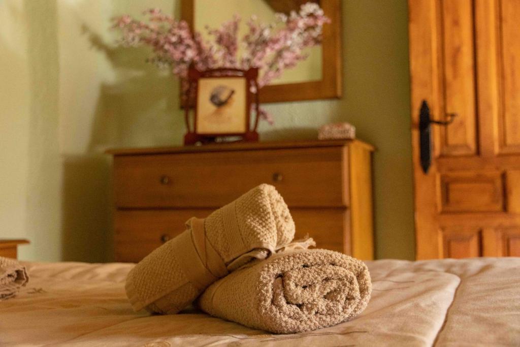 Um ursinho de peluche está deitado numa cama. em MAS DE BONDIA - Casa Herrero em Alpuente