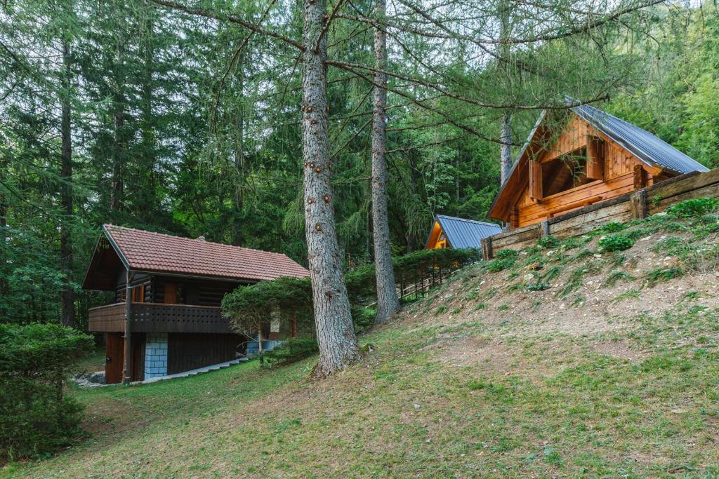 a wooden cabin on a hill in the woods at Nature escape woodhouse in Žirovnica