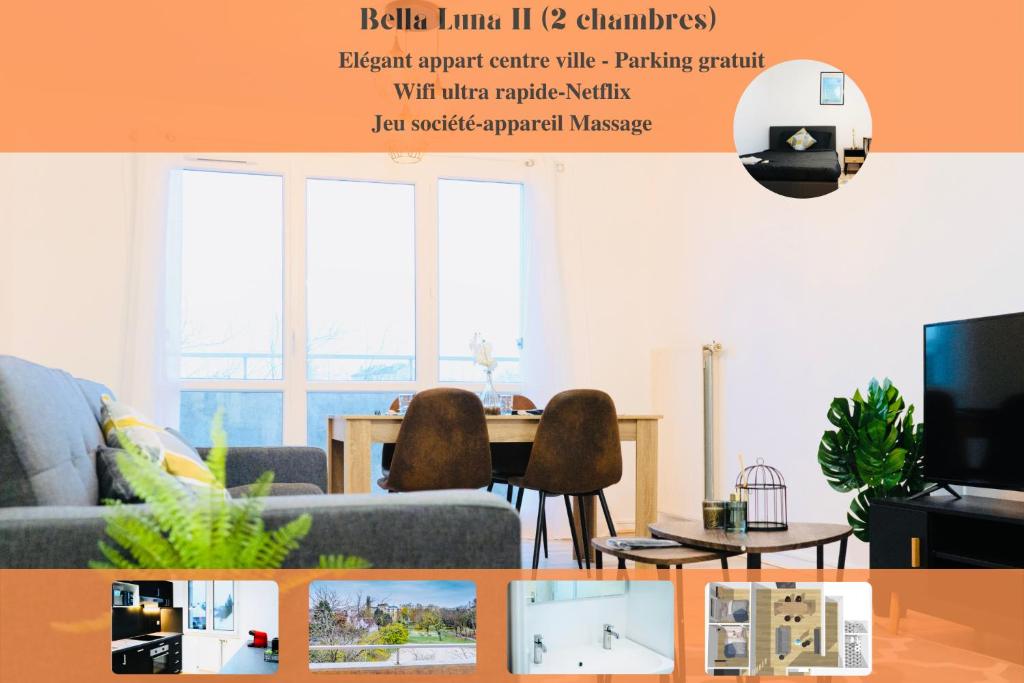 een woonkamer met een bank en een tafel met stoelen bij Bella Luna II - Elégant appartement centre ville - Parking gratuit - Wifi ultra rapide-Appareil Massage-Netflix-Jeu société in Troyes