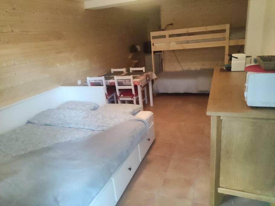 1 dormitorio con cama, escritorio y litera en Très joli Studio refait à neuf au calme, en Saint-Martin-Vésubie