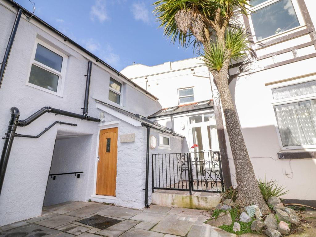 a palm tree in front of a white house at Bridges Cottage in Torquay