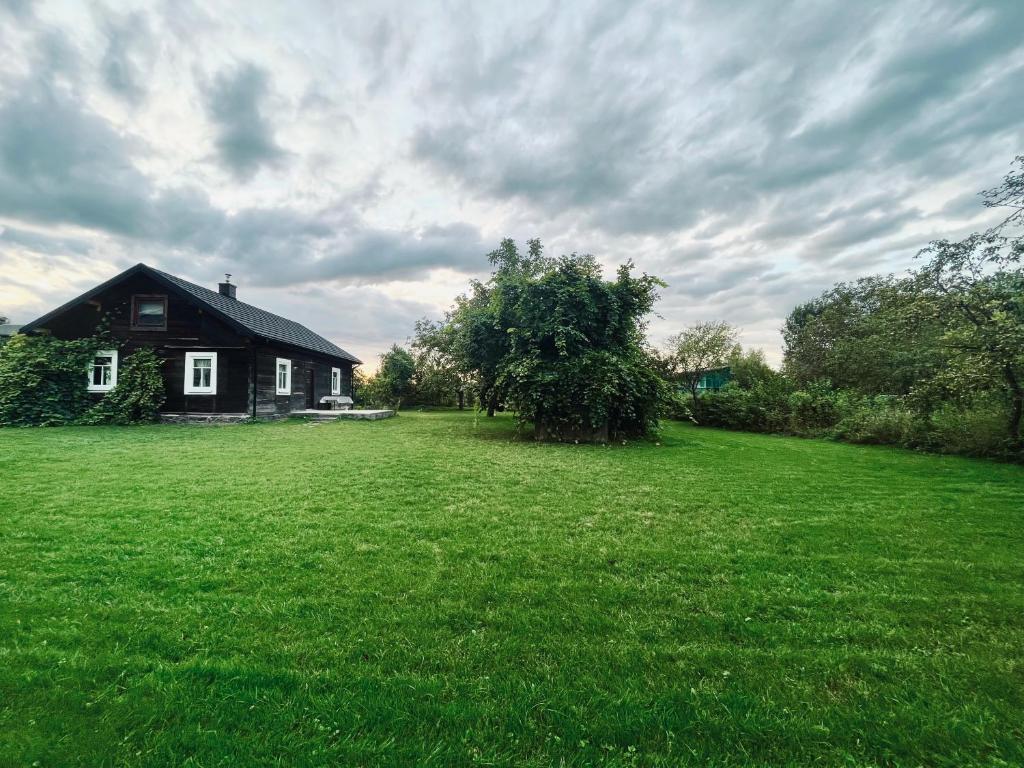 a house in a field with a green yard at Bliska Wioska- Dom 