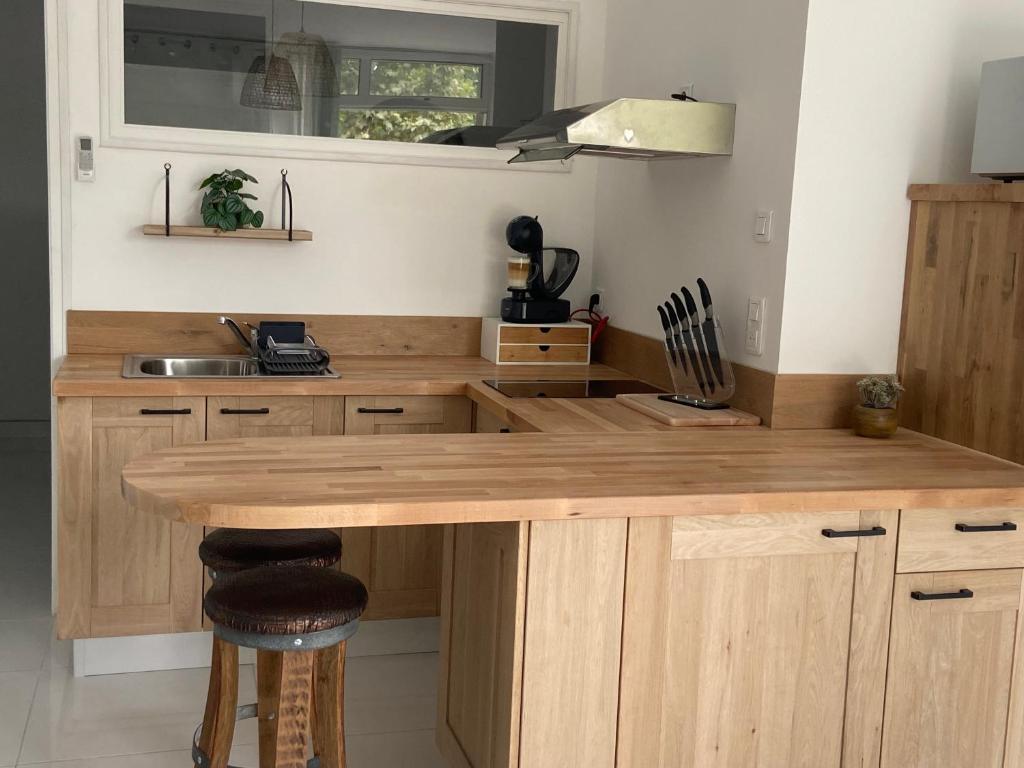 une cuisine avec un comptoir en bois dans une pièce dans l'établissement Le p'tit mandarinier, à Canet d'Aude