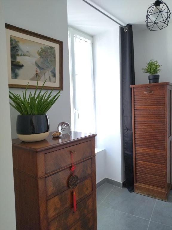 a dresser with a plant on top of it next to a window at La Petite Florentine in Saint-Florent-le-Vieil