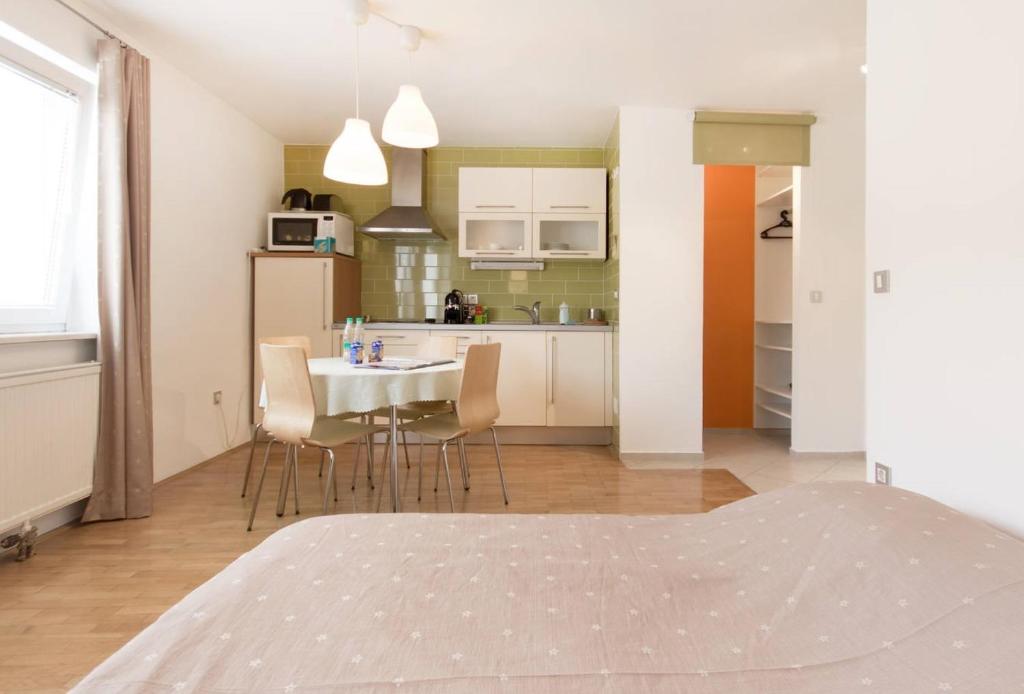 a kitchen and dining room with a table and chairs at Apartment Rainbow Studio in Ljubljana