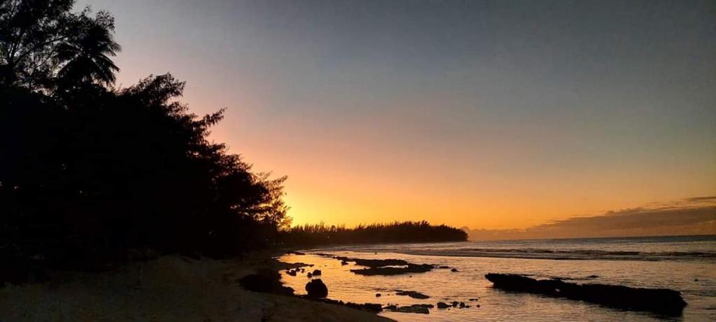 モーレア島にあるmoorea temae bungalow lory bord de merの夕暮れの浜辺に立つ人々