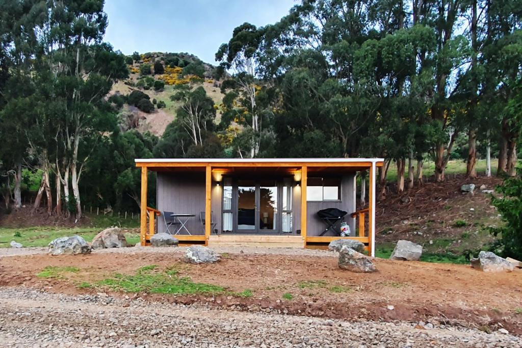 a small house in the middle of a forest at Glenwood Akaroa Bush Retreat - Totara Hut in Akaroa