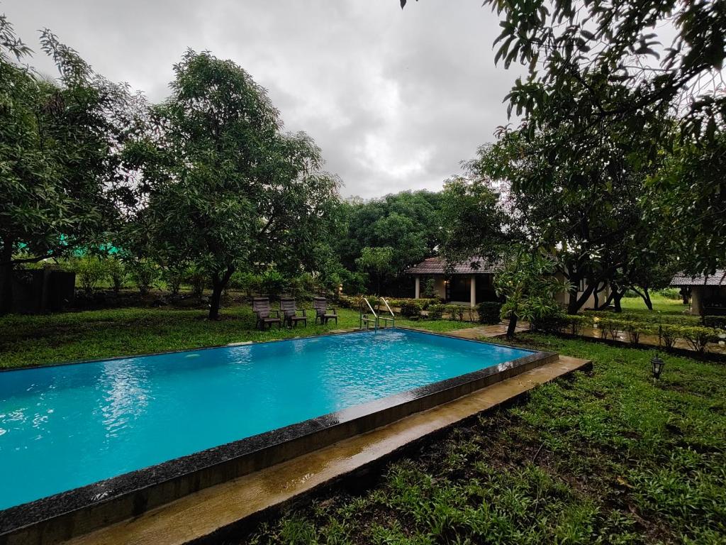 een blauw zwembad in een tuin met bomen bij SaffronStays Mango Huts by the River, Pali in Jambhulpāda