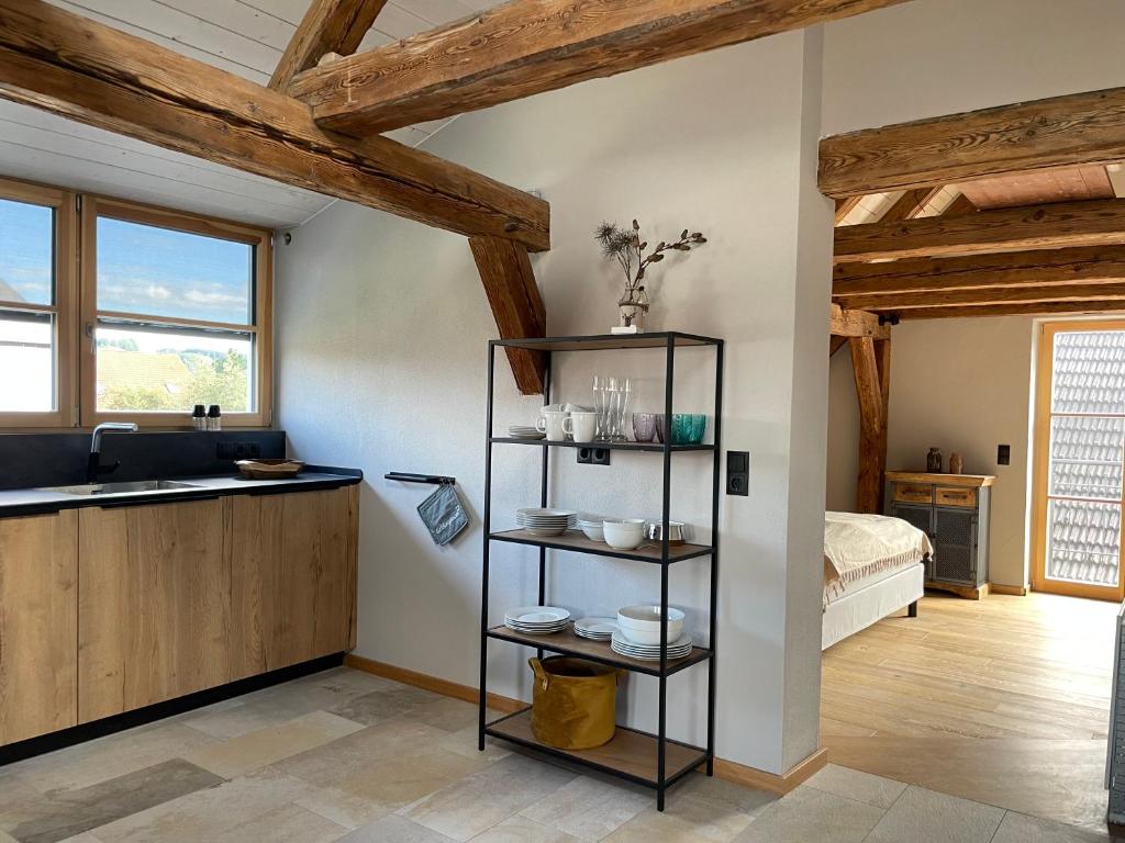 a kitchen with a sink and a shelf in a room at Ferienwohnung Ottobeuren in Ottobeuren