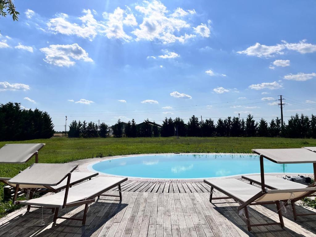 - une piscine avec 2 chaises longues à côté d'un champ dans l'établissement Cottage indipendente con piscina privata, à Masi San Giacomo