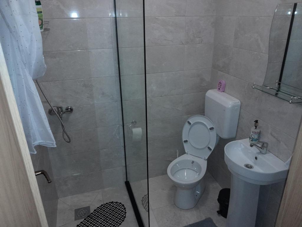a bathroom with a shower and a toilet and a sink at Gray Apartament 2 Pristina in Pristina