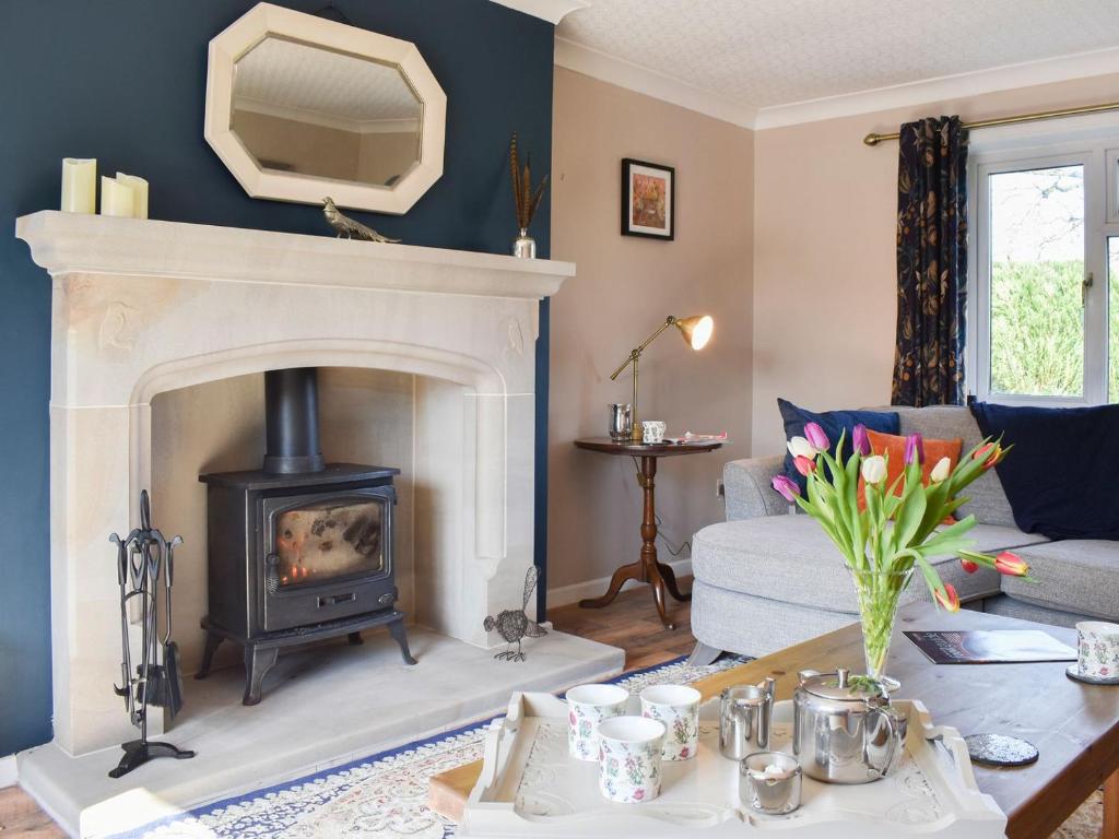 a living room with a fireplace and a couch at Mill Lea Cottage in Onecote